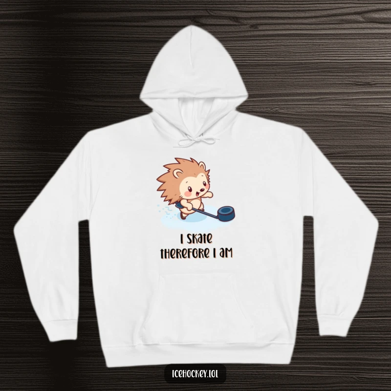 Funny hoodie graphic of a fast-moving hedgehog skating with a hockey puck, showcasing speed and determination.