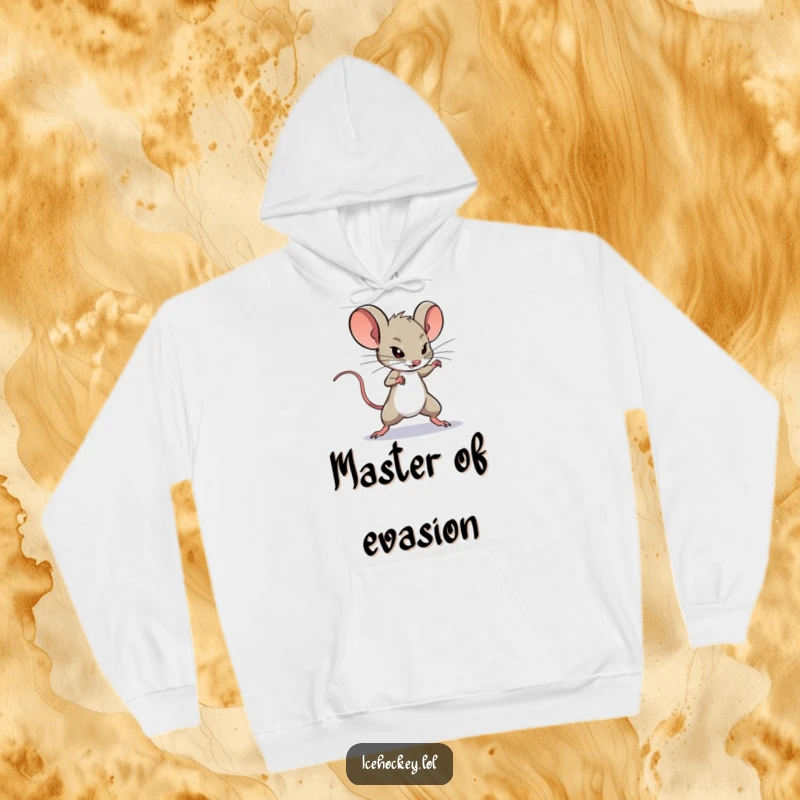 Funny Hoodie: A determined mouse expertly dekes around a hockey opponent, offering warm comfort and humorous tactical prowess.