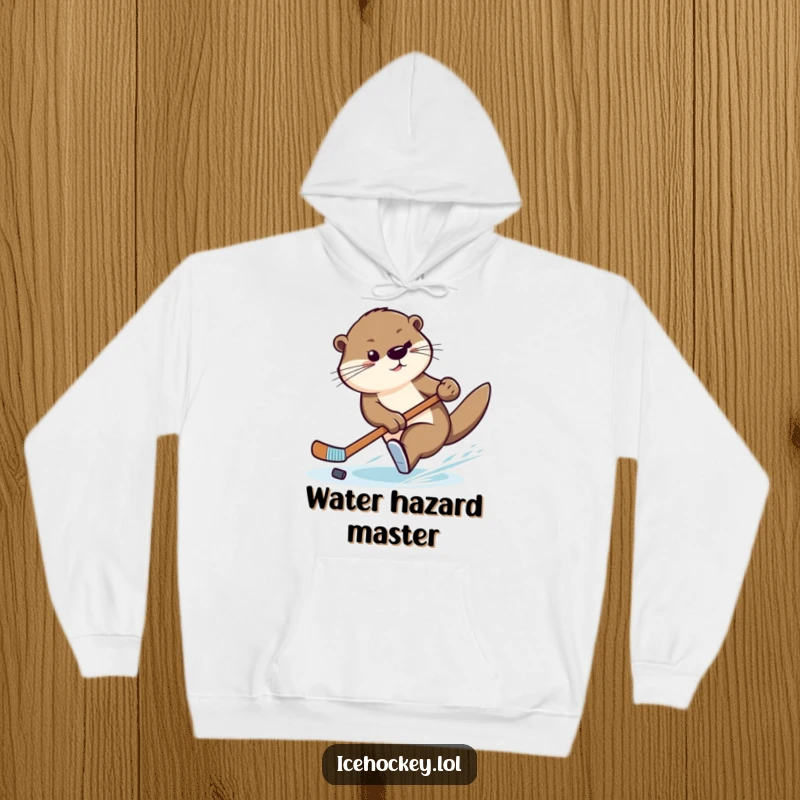 Funny hoodie showcasing a graceful otter executing a swift turn with a hockey stick, exuding athletic prowess.