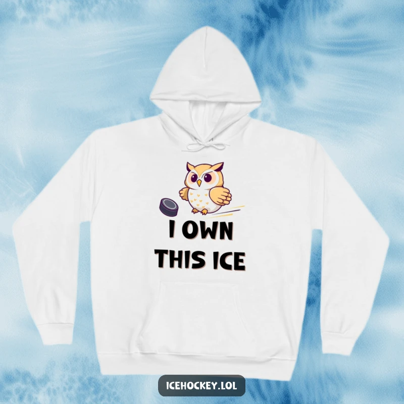 Funny Owl Hockey Hoodie, depicting a proud owl swiftly sliding with a hockey puck, offering cozy comfort and sports humor.