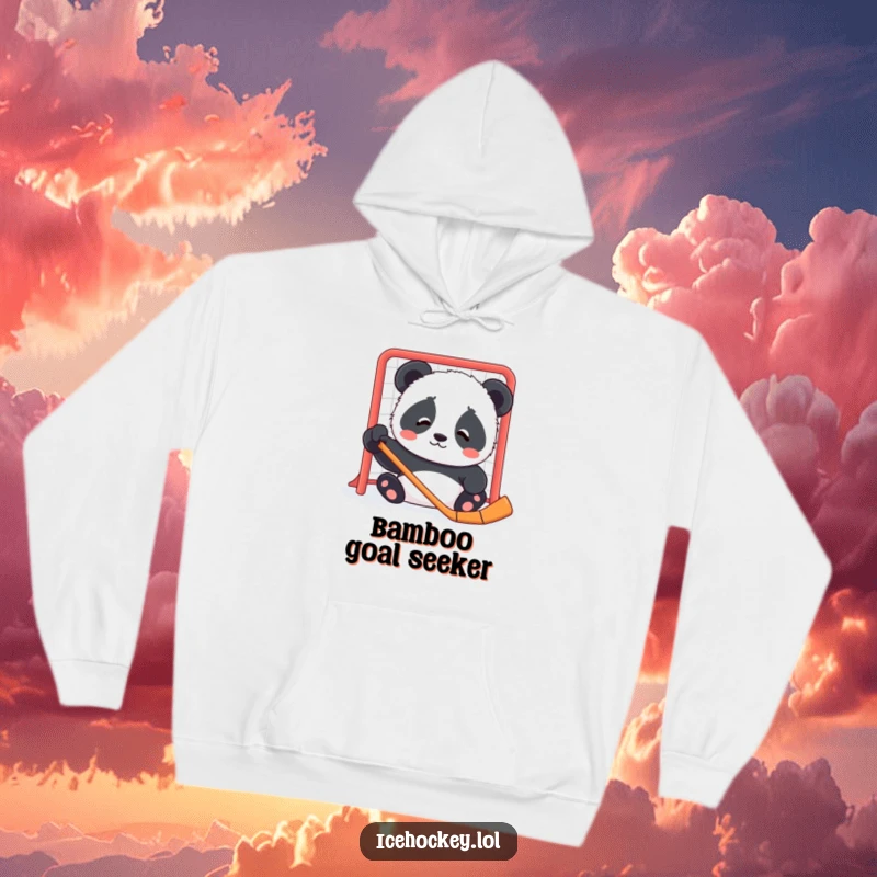 Funny hoodie showcasing a contented panda cub with a perplexed look, gazing at a hockey net.