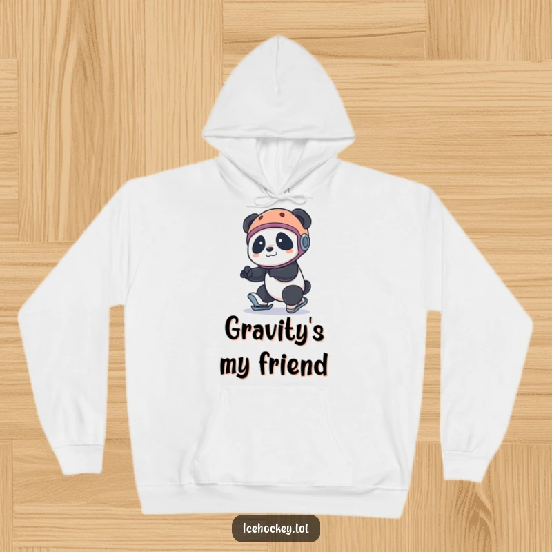 Funny panda hoodie: a cute panda wearing a helmet, comically tripping on roller skates, radiating pure, heartwarming amusement.