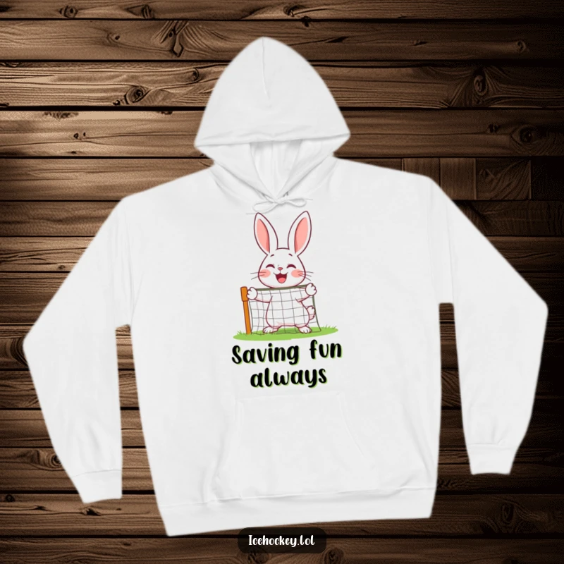 Funny rabbit acting as a goalie, defending a small net with immense joy on a hoodie.