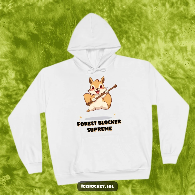 Funny squirrel hoodie, a cheerful squirrel mid-leap, using a stick to block a shot with determined, funny goalie expression, soft and warm.