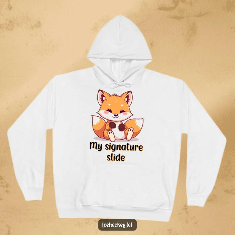 Funny, cozy hoodie featuring a playful fox in tiny hockey pads, sliding into a funny pose.