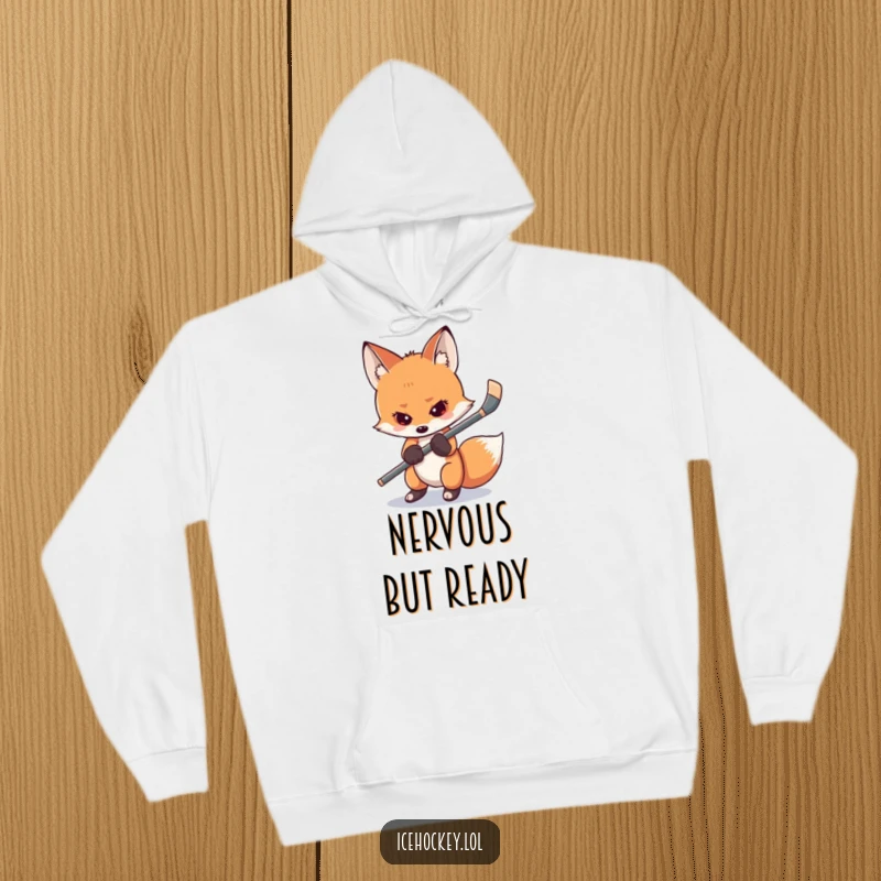 Funny shy fox hoodie with a nervous fox gripping its hockey stick, embodying relatable game day jitters, perfect for keeping warm and amused.