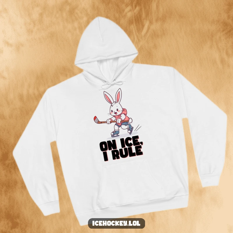 Funny hoodie depicting an enthusiastic bunny energetically skating with a hockey stick, ready to play with humorous determination.