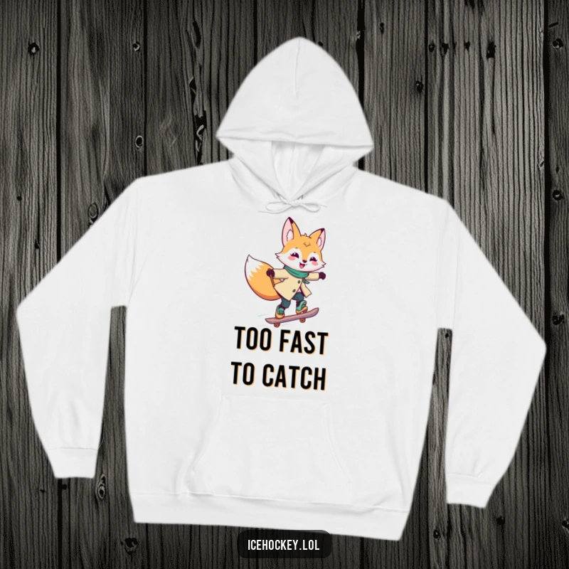 Funny Hoodie featuring a joyful fox skating at high speed, stick held high, with a dynamic and spirited design.