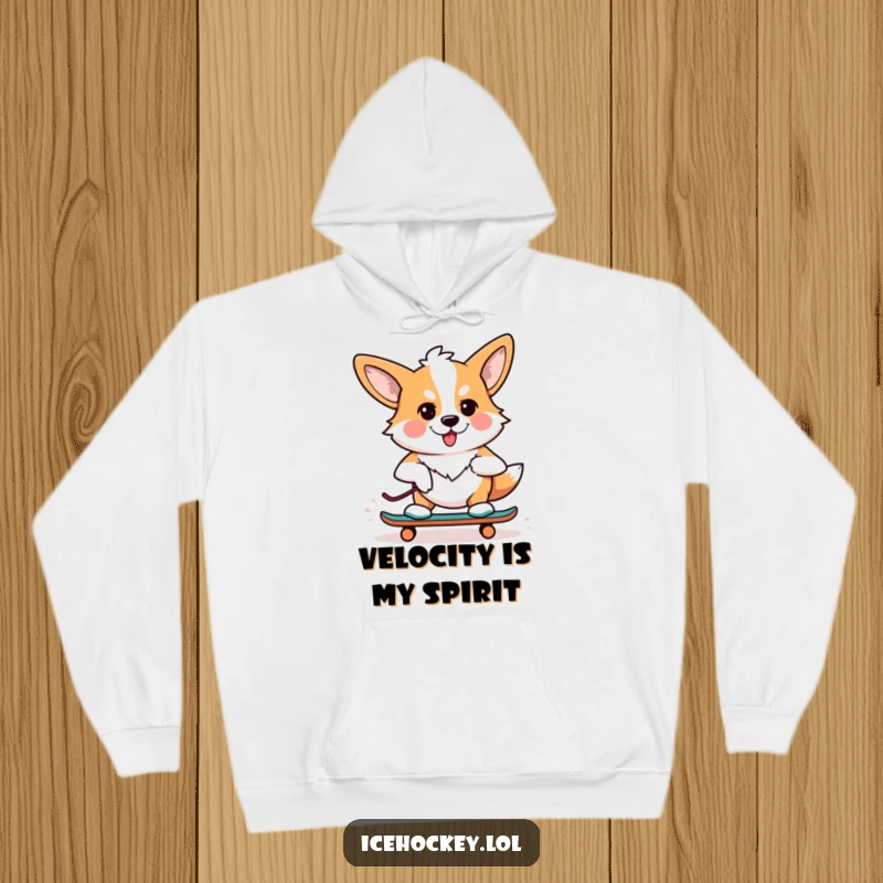 Funny hoodie showcasing a focused corgi skating with determination, wearing roller skates, a perfect cozy and humorous gift.