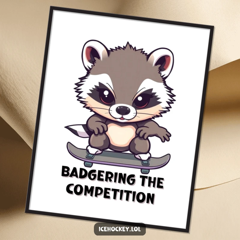 Funny Free Printable Wall Art: A brave badger skates with intense focus, bringing determined humor to your walls.