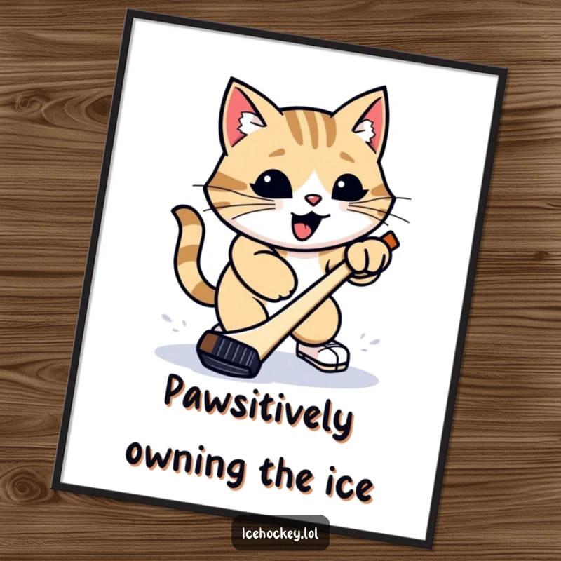 Funny Free Printable Wall Art depicting a proud cat executing a powerful hockey slap shot with a puck.