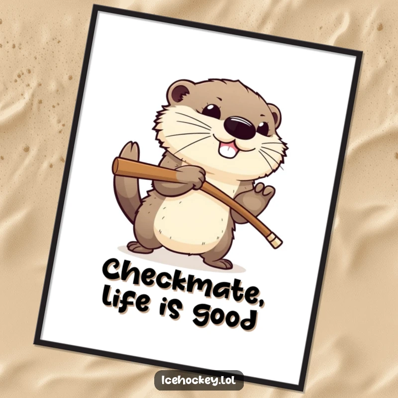 Funny Free Printable Wall Art: a happy, fluffy otter aggressively checking an opponent with a hockey stick, action art.