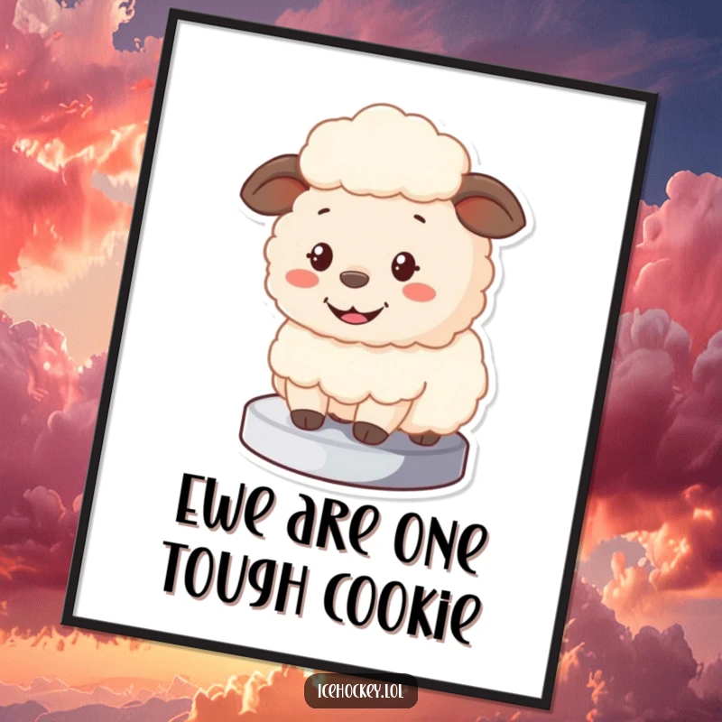 Funny Free Printable Wall Art: A fluffy sheep acts as a goalie, smiling broadly as it blocks a hockey puck with determination.