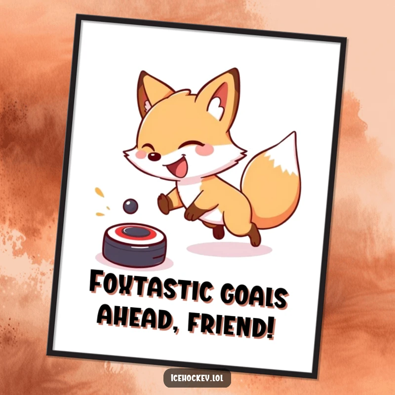 Funny Free Printable Wall Art: A happy, giggling fox excitedly chases a bouncing hockey puck across the ice with pure joy.