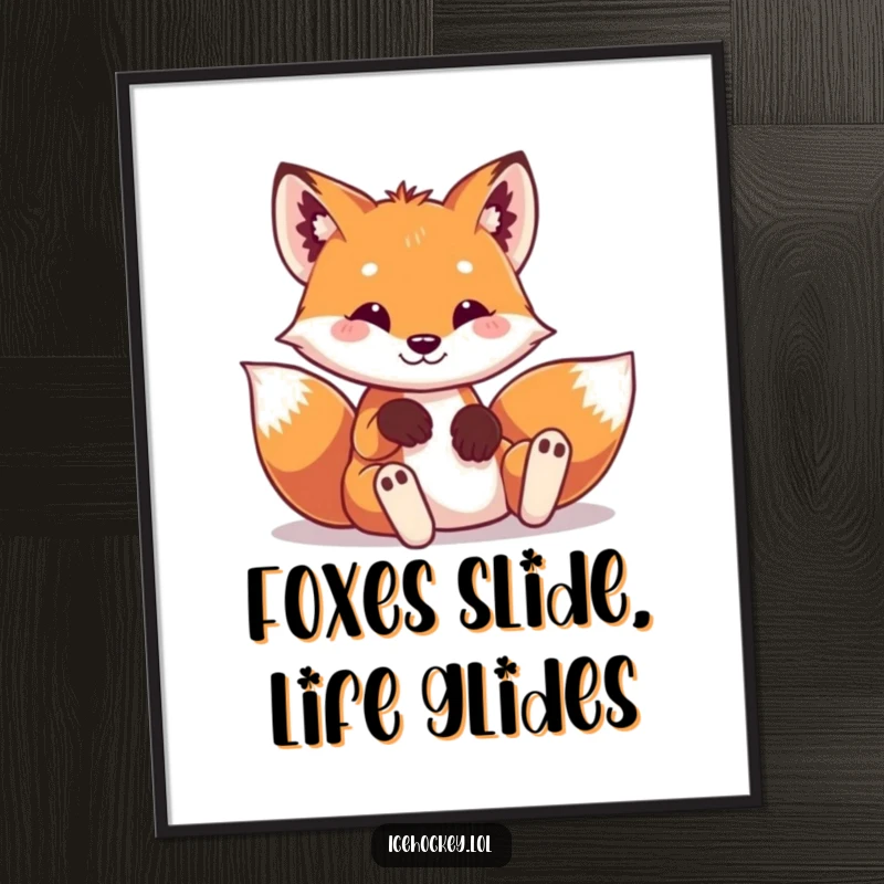Funny free printable wall art: A playful fox wearing tiny pads slides dramatically into a hilarious and unexpected pose.
