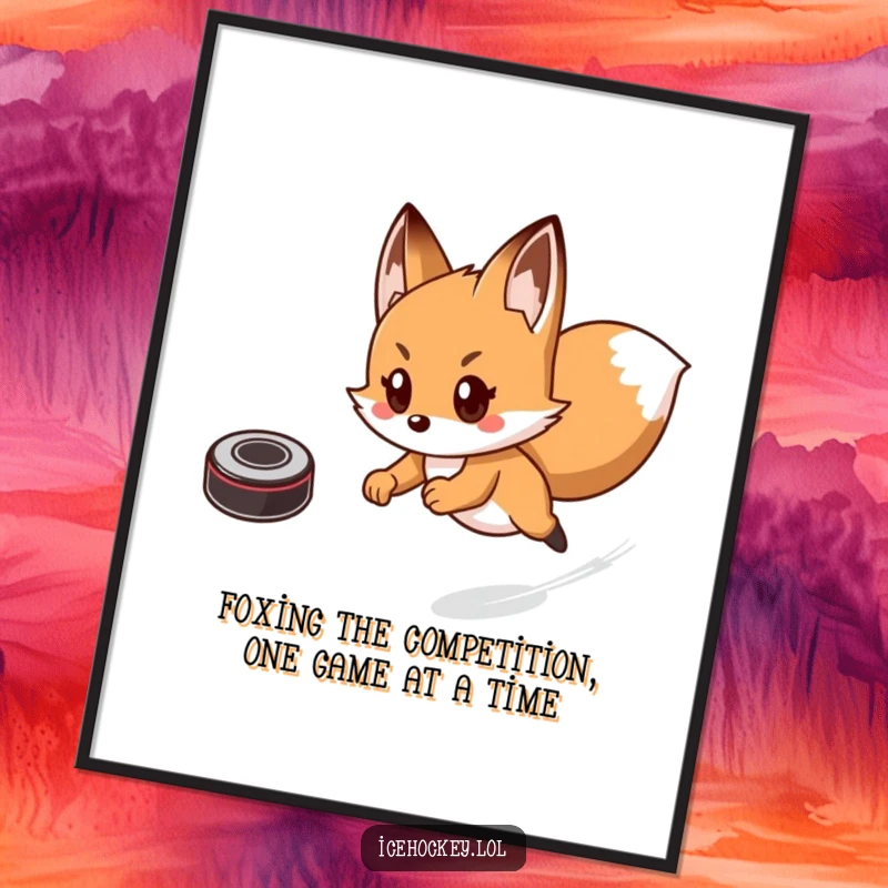 Funny Free Printable Wall Art: A dynamic fox in hockey gear aggressively chasing a puck across the ice.