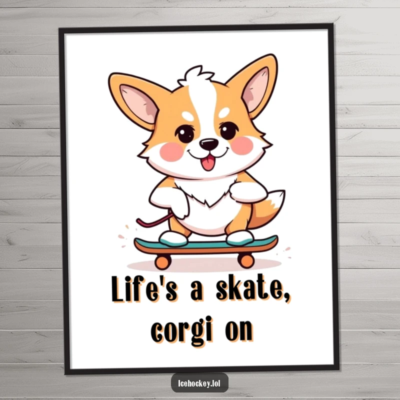 Funny Free Printable Wall Art: A determined corgi confidently skates, capturing a hilarious moment of athletic focus for your home decor.