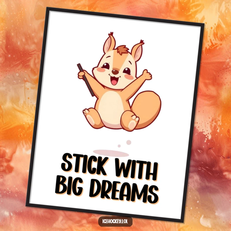 Funny Free Printable Wall Art: Cheerful squirrel captured mid-leap with a stick, radiating pure, energetic happiness.