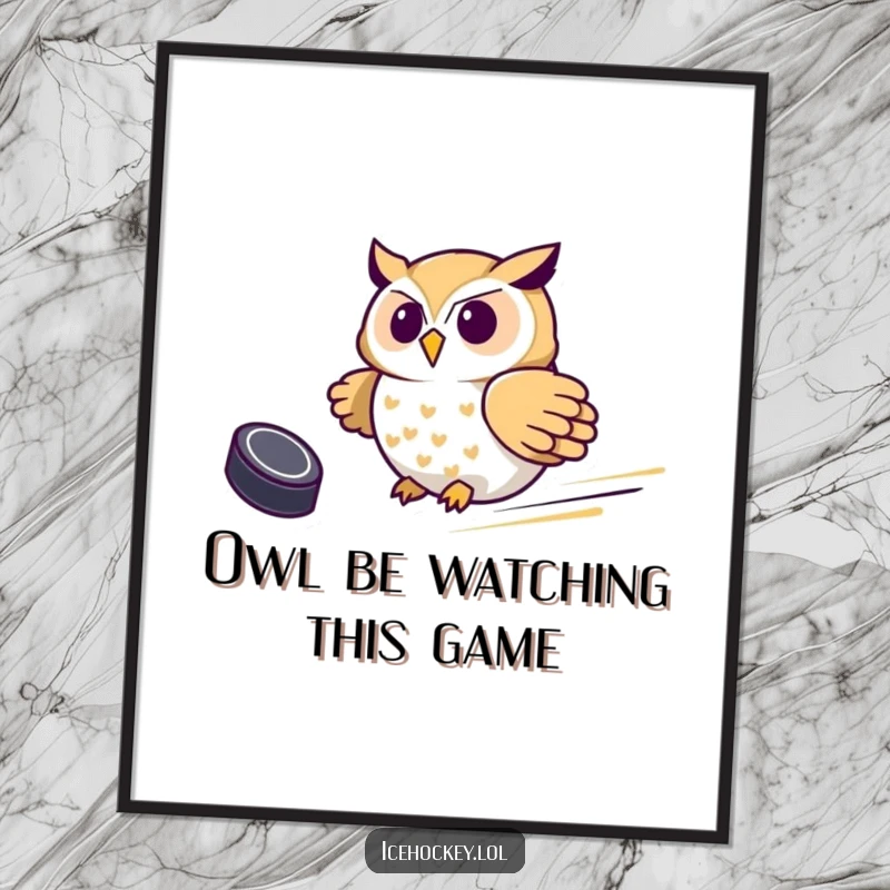 Funny Free Printable Wall Art: Proud owl sliding swiftly on ice with a hockey puck at its feet.