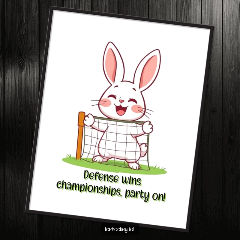 Funny Free Printable Wall Art: Cheerful Rabbit in Goalie Gear Protecting a Miniature Net with Intense Joy and Focus