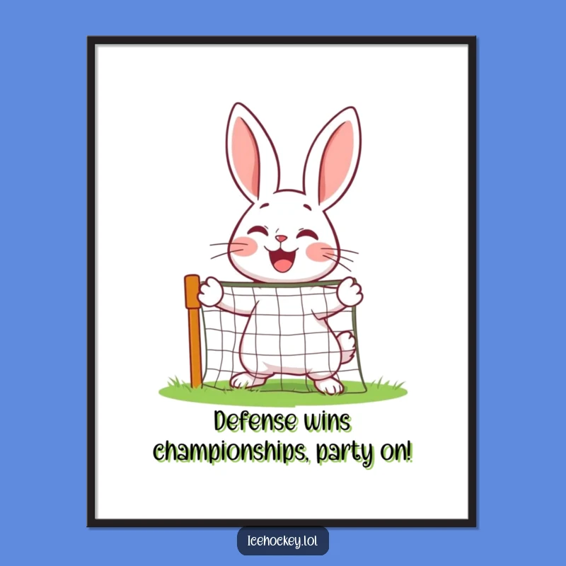 Free Printable Wall Art: Cheerful Rabbit Goalie Protecting Net Downloadable Home Decor