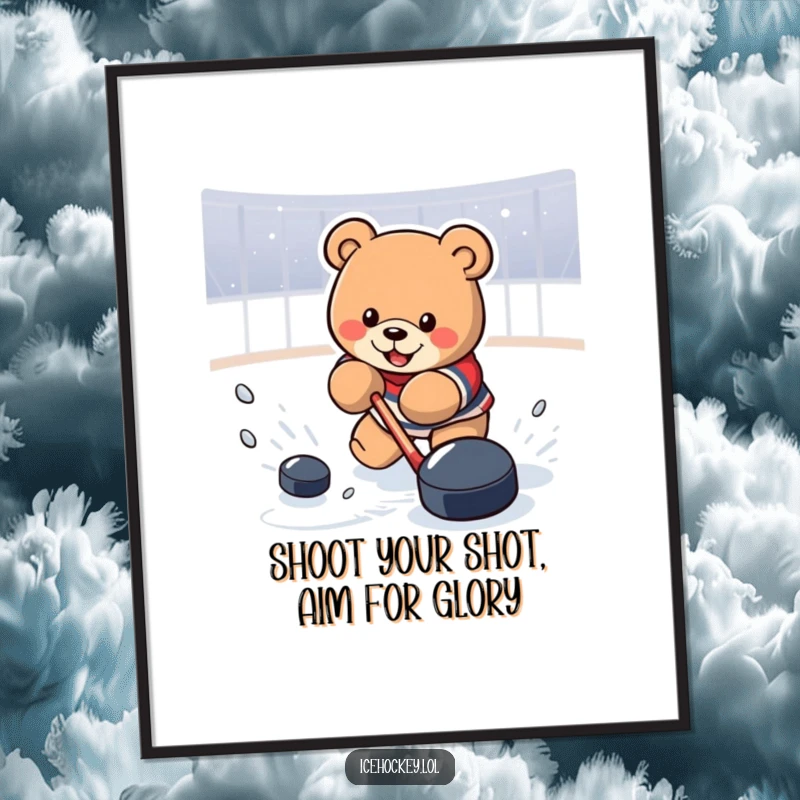 Funny Free Printable Wall Art: Determined bear in a powerful hockey shot stance, puck flying towards the net.