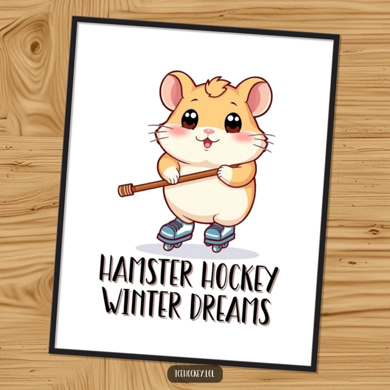 Funny free printable wall art: a plump hamster with wide eyes struggling to balance on skates while precariously holding a hockey stick.