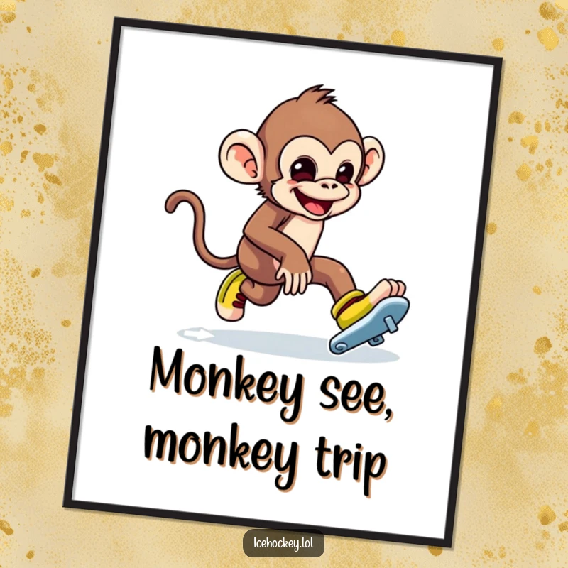 Funny Free Printable Wall Art: Mischievous monkey tripping over its skates, arms flailing, downloadable humorous decor