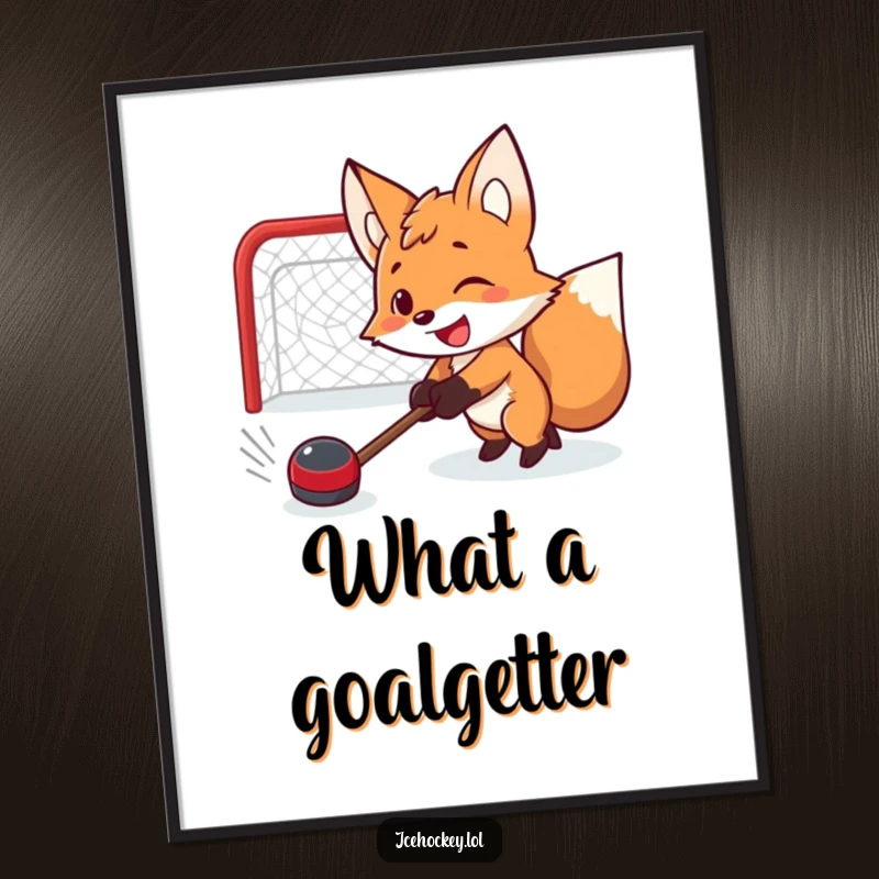 Funny Free Printable Wall Art: Determined hockey fox shooting a puck with intense focus, perfect for a game room.