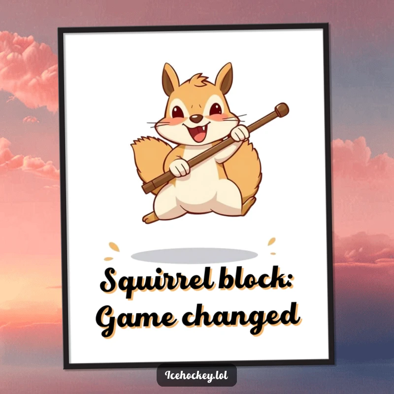 Funny Free Printable Wall Art: A cheerful squirrel comically leaping to block a shot with its stick in a dynamic pose.