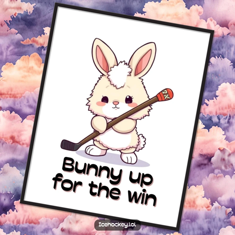Funny Free Printable Wall Art: A fluffy bunny stands determinedly, holding a hockey stick, ready for action and fun.