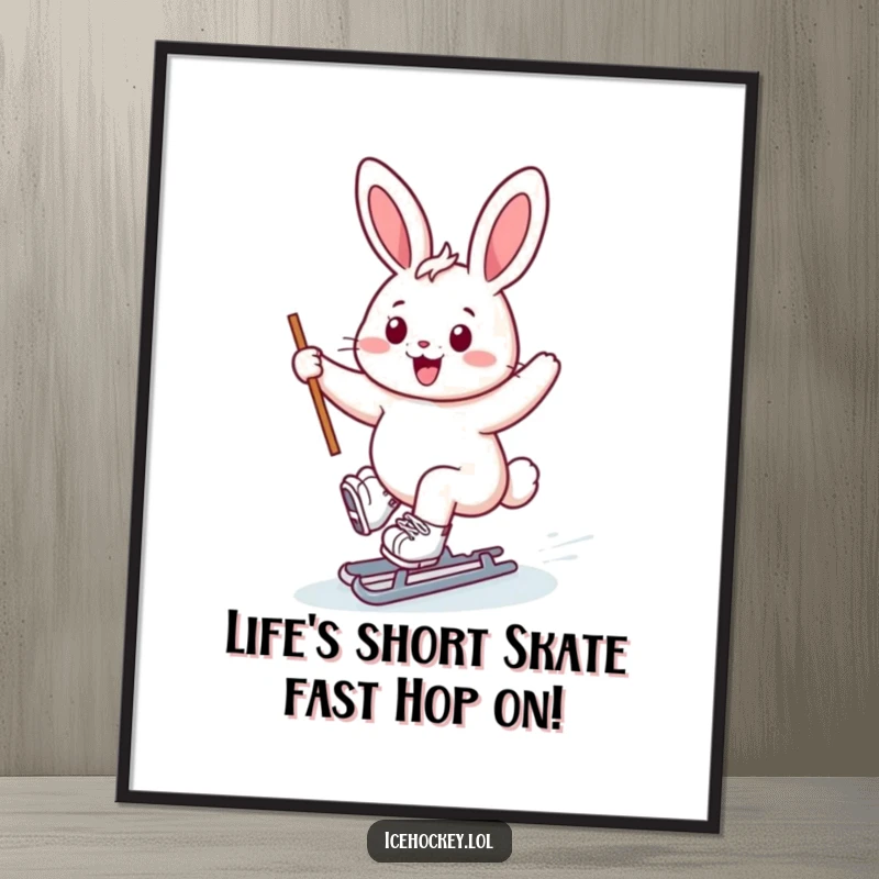 Funny Free Printable Wall Art: Cheerful bunny sliding on ice skates, stick held high and smiling.