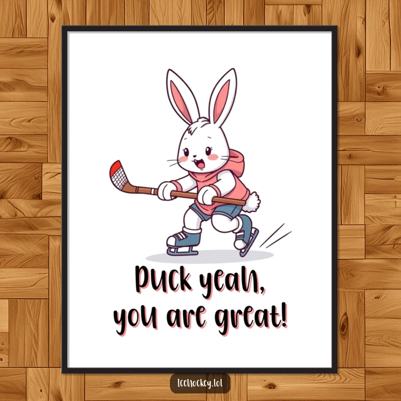 Funny Free Printable Wall Art: An energetic bunny skates with a hockey stick, capturing a moment of intense play.