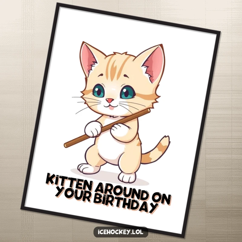 Funny Free Printable Wall Art: A wobbly kitten tries to block a hockey puck with its stick, a determined and cute goalie.