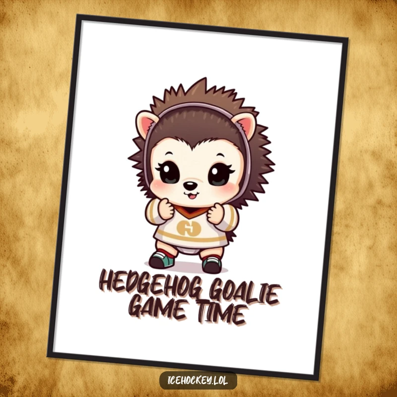 Funny free printable wall art: a tiny hedgehog dressed as a goalie, hands up, guarding a goal with adorable determination.