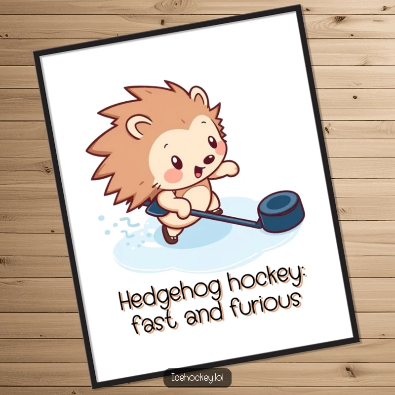 Funny free printable wall art: A determined hedgehog skating rapidly on ice with a puck, bringing sporty humor to your decor.