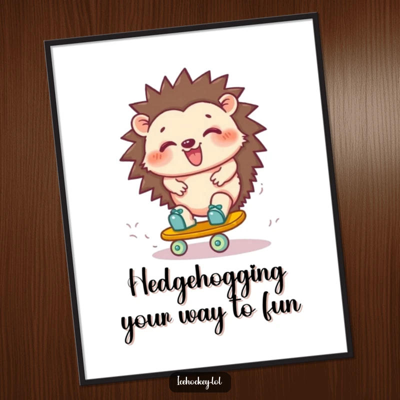 Funny Free Printable Wall Art: A giggling hedgehog hilariously attempts a skate turn, mid-wobble, bringing smiles to any room.