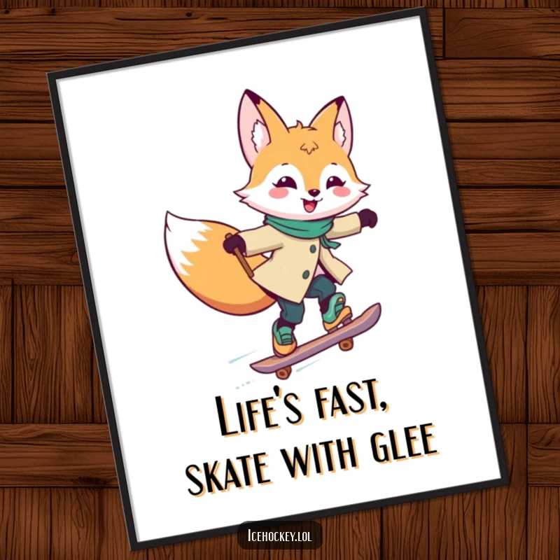 Funny Free Printable Wall Art: Joyful fox in mid-skate, stick held high, with a dynamic pose and happy expression.