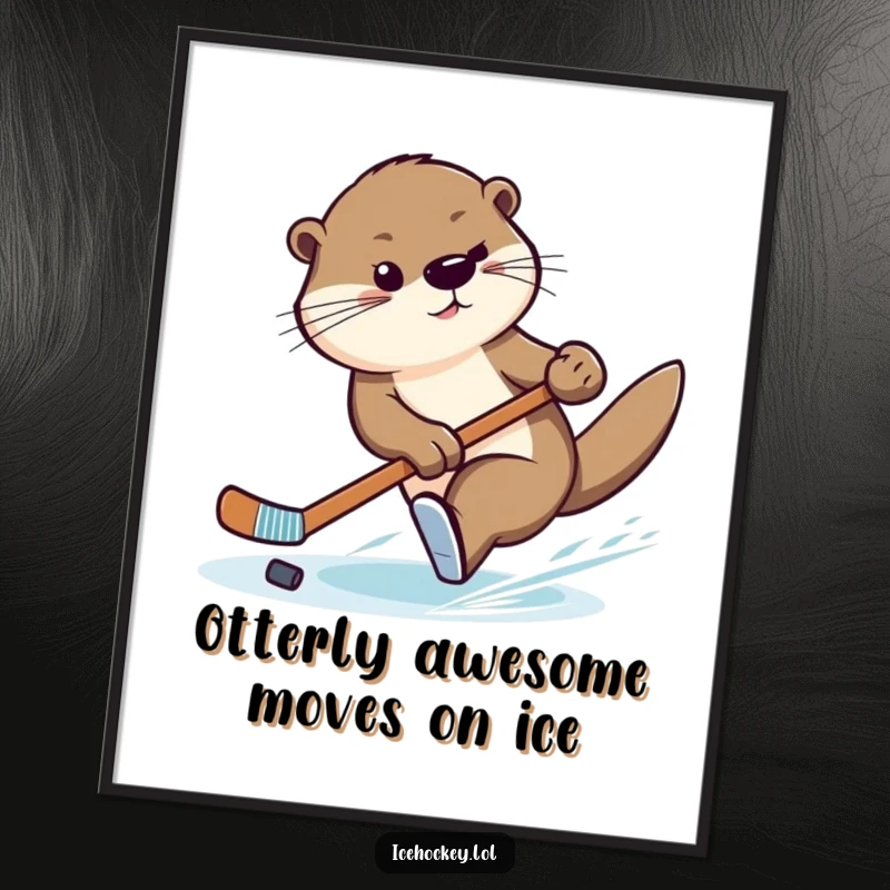 Funny free printable wall art: a graceful otter executing a swift turn with a hockey stick, mid-game action.