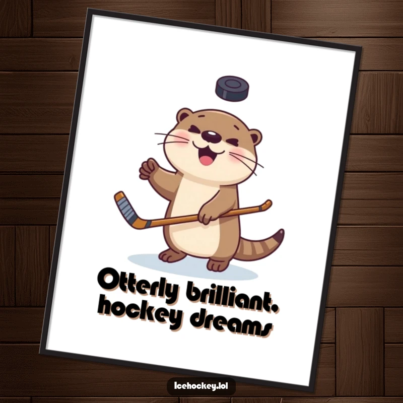 Funny Free Printable Wall Art: A happy otter masterfully juggles a hockey puck with its stick, bringing athletic charm to your walls.