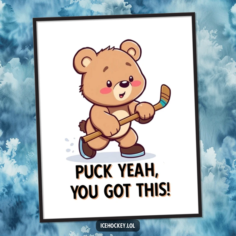 Funny Free Printable Wall Art: A cute bear cub in full hockey gear practicing a powerful slap shot, ready to score.