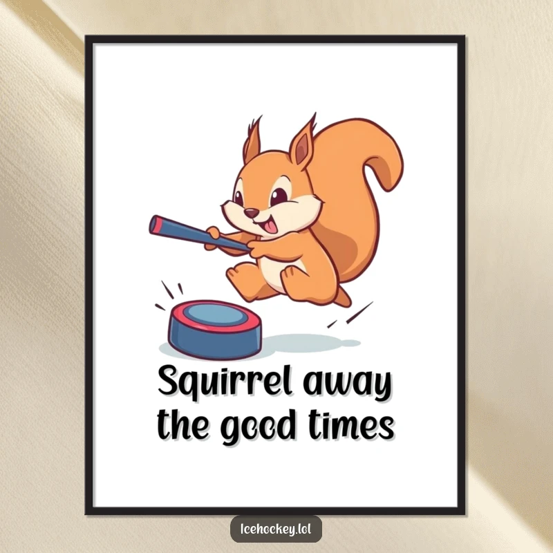 Funny Free Printable Wall Art: A brave squirrel leaps dynamically, blocking an invisible puck mid-air, a symbol of swift action.