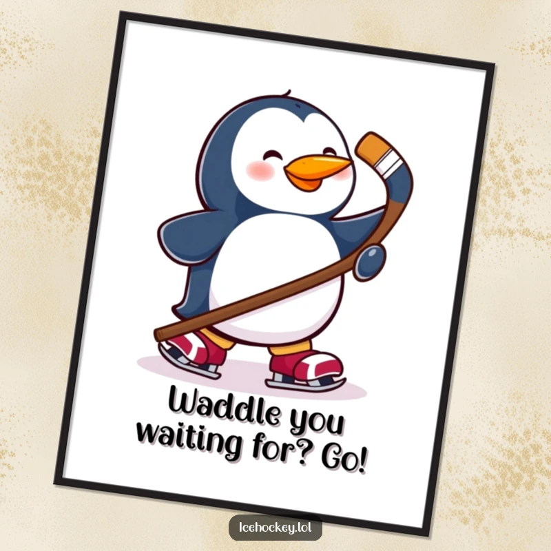 Funny Free Printable Wall Art: A happy penguin in skates holds a hockey stick, bringing cool, playful energy to any space.