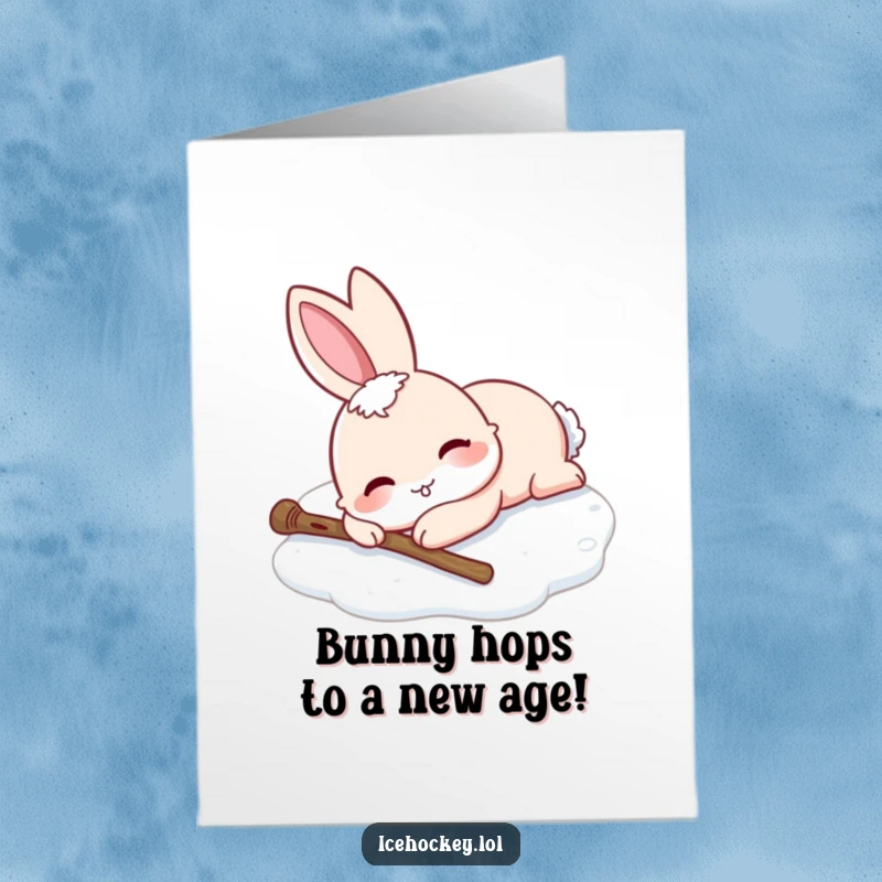 Funny Free Printable Birthday Card: Smiling rabbit sprawled on ice after a fall, stick nearby, a charming DIY gift
