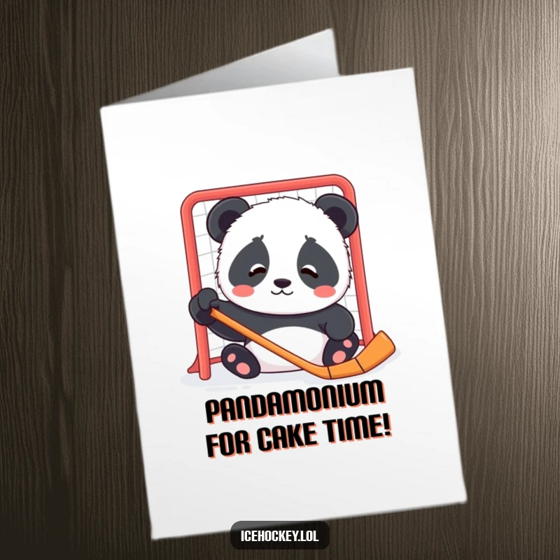 Funny free printable birthday card: a confused panda cub staring blankly at a hockey net, questioning its purpose.