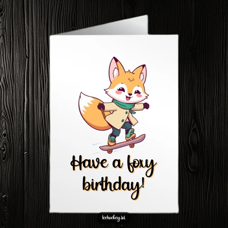 Funny Free Printable Birthday Card: Joyful fox skating rapidly, stick held high, with a wide, happy grin.