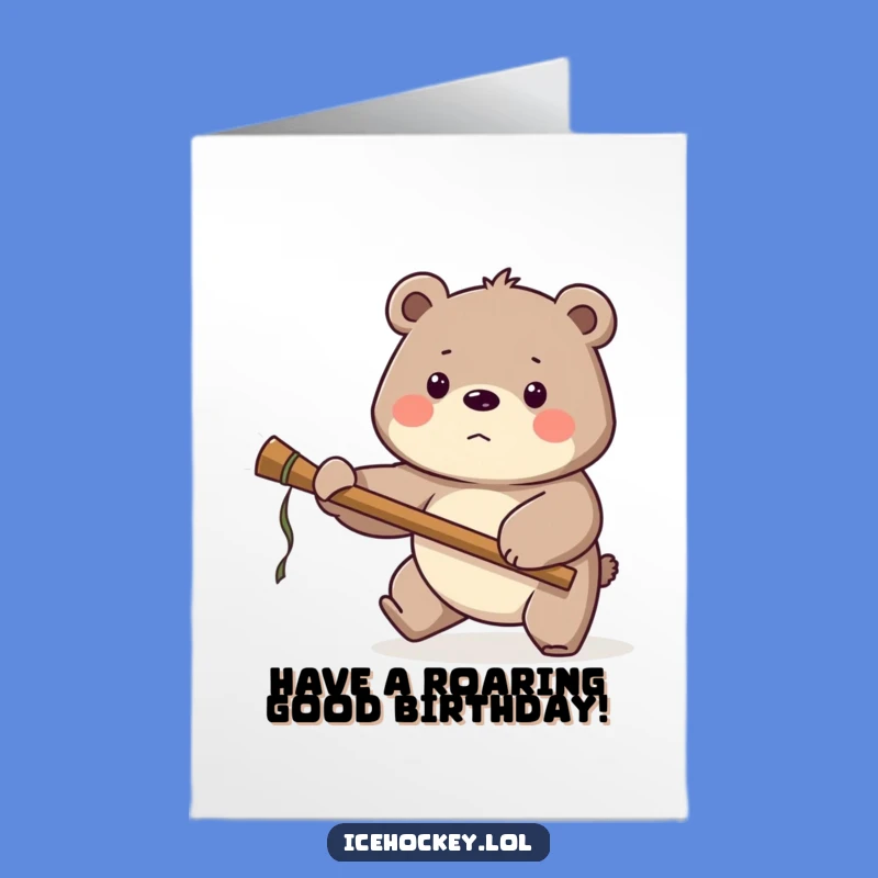 Free Printable Birthday Card: Funny Bear Hockey Pose, Perfect Protective Downloadable Gift