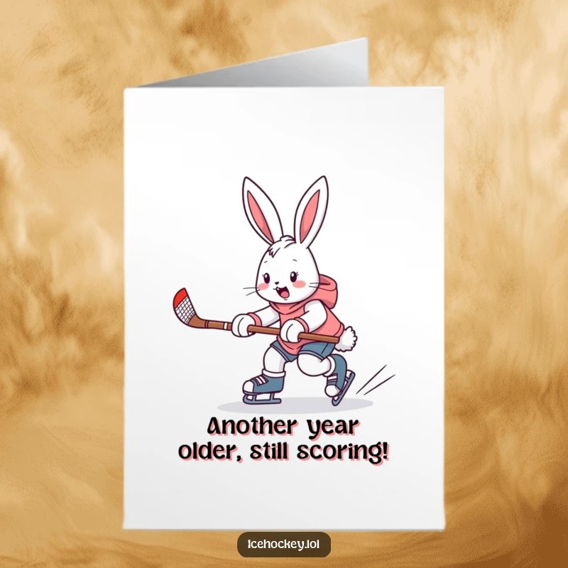 Funny Free Printable Birthday Card: A determined bunny wearing skates wields a hockey stick with great enthusiasm.