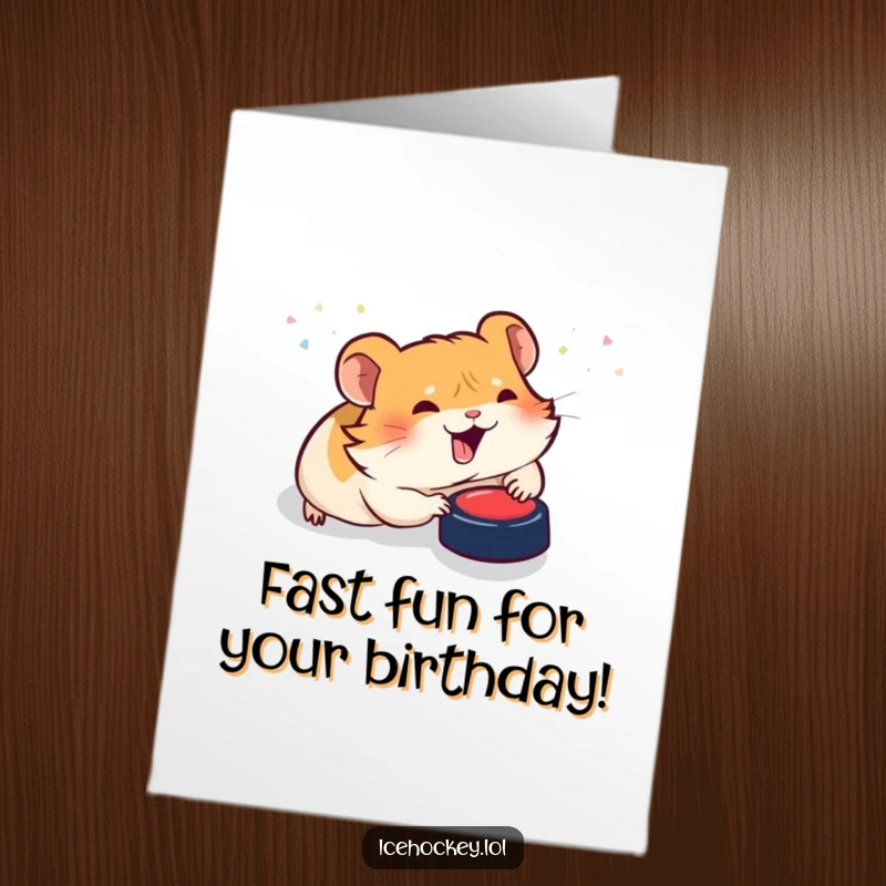 Funny Free Printable Birthday Card: A giggling hamster slides on its belly playing hockey, ready to score a birthday wish.
