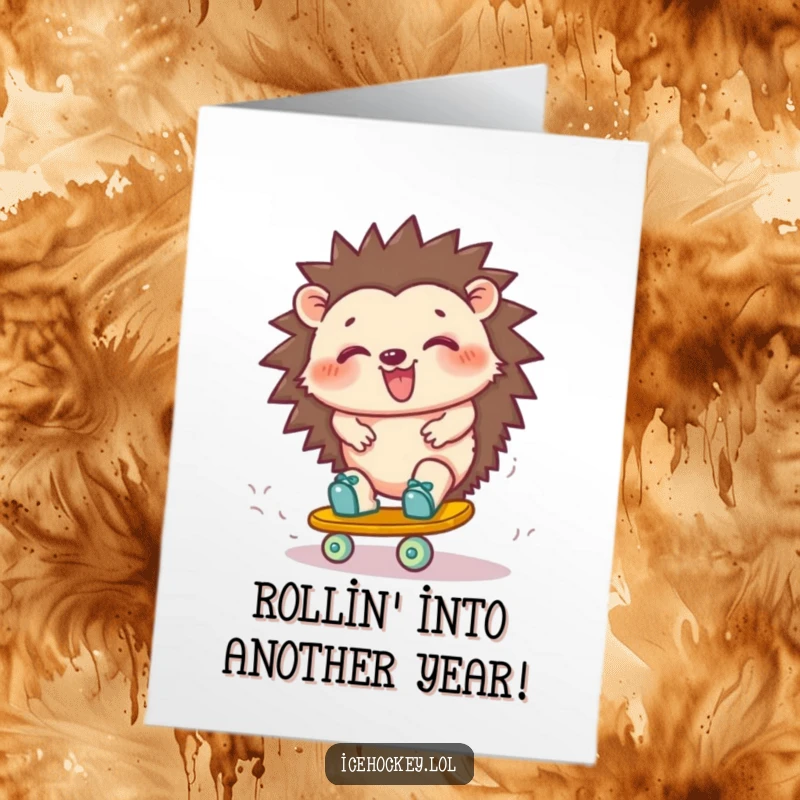 Funny Free Printable Birthday Card: A giggling hedgehog hilariously wobbles on skates, about to take a tumble, perfect for laughs.